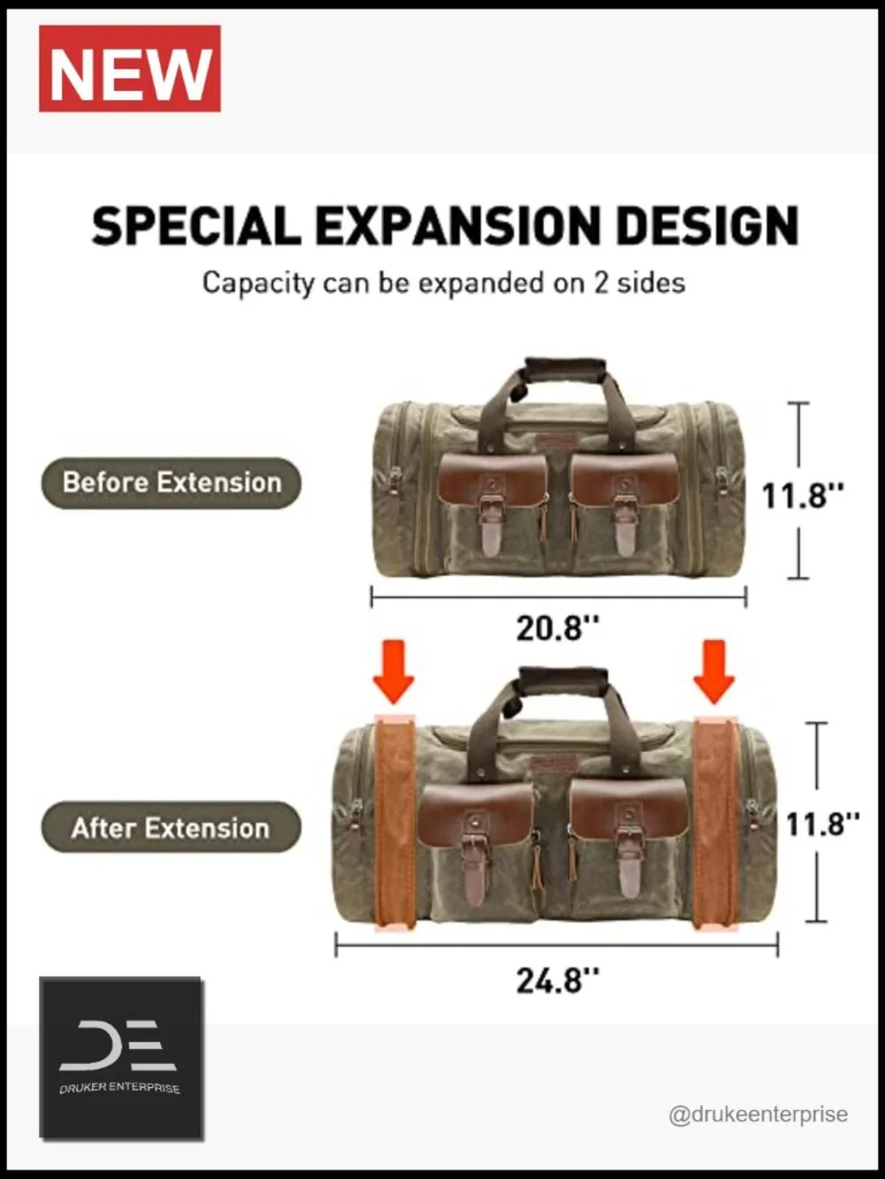 50L Waxed Canvas Waterproof Weekender Duffle Bag Travel Bag
